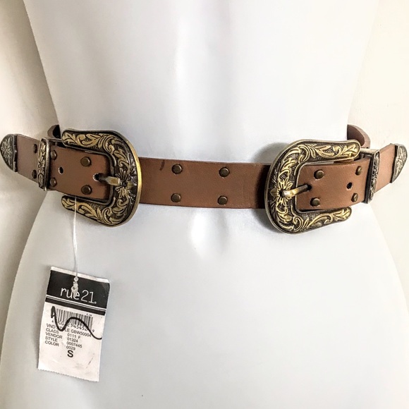 NWT Belt Double Grommet Buckle Light Brown or Tan Etched Metal Hardware … - Picture 1 of 14